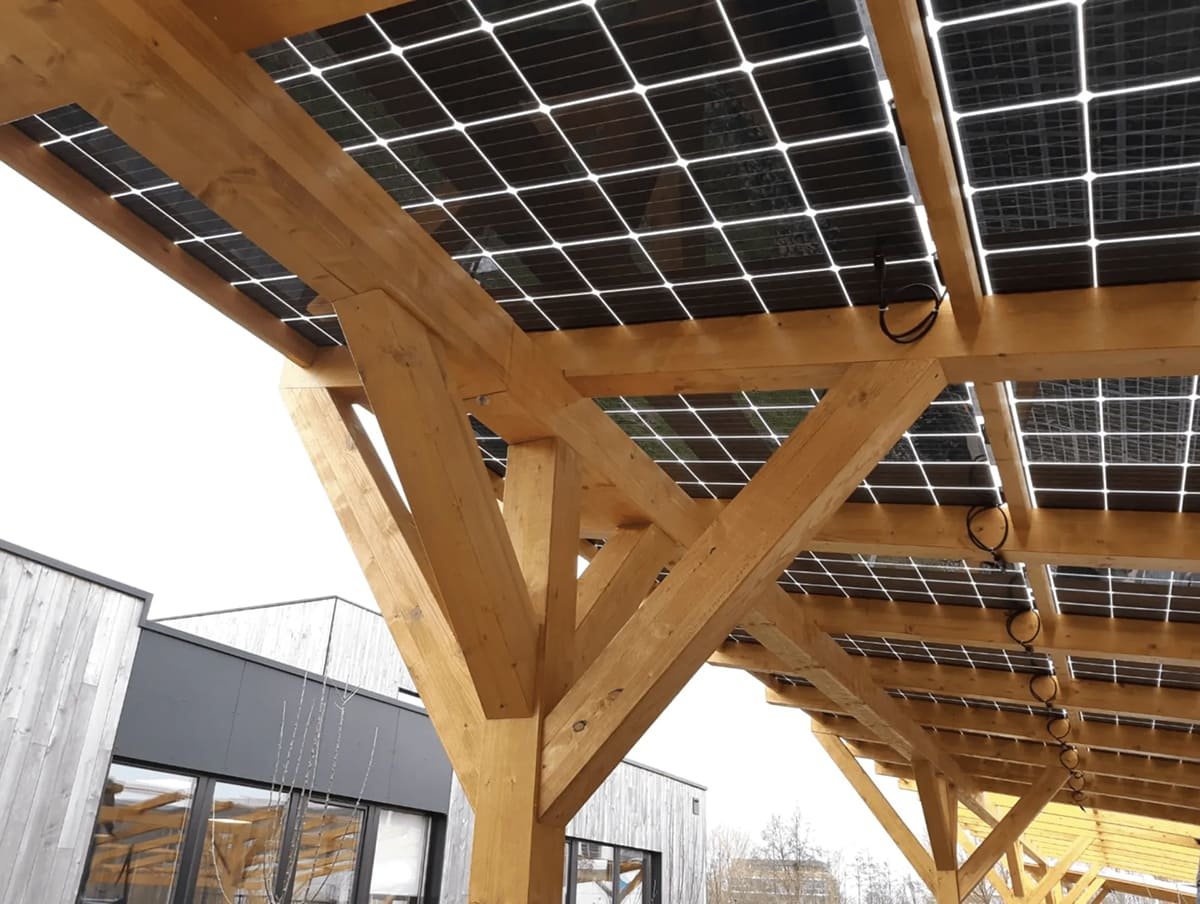 Holzcarport Solarmodule Photovoltaik Holzunterkonstruktion Bifacial Glas Glas Module