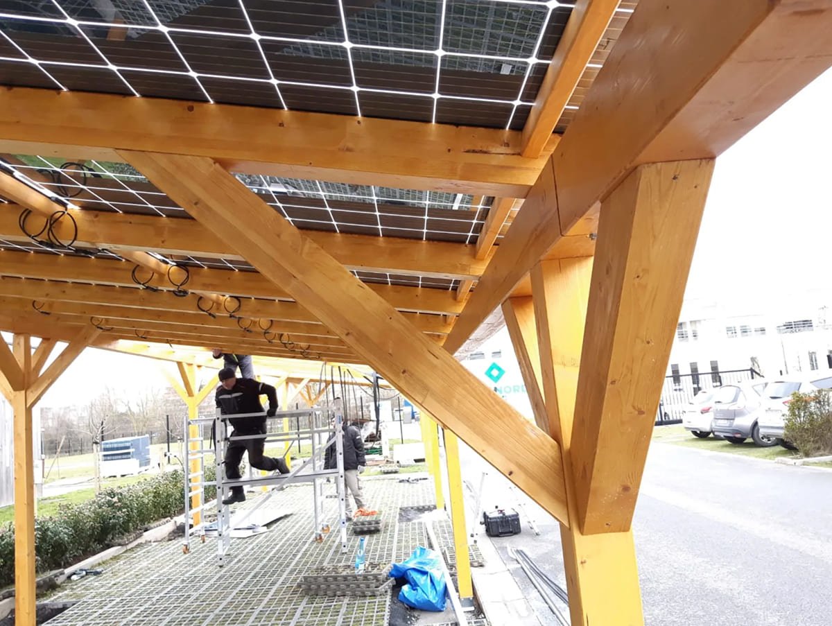 Holzcarport Solarmodule Photovoltaik Holzunterkonstruktion Glas Glas Module Doppelglas