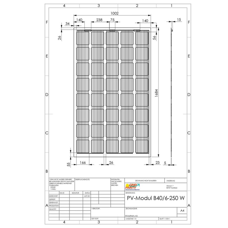 GridParity B40/6 250 Wp Glas PV Modul bifacial 35% Transparenz (1684 mm x1002 mm x 5 mm)