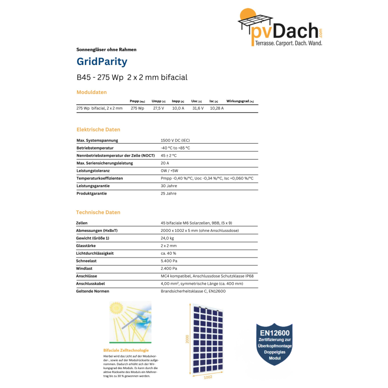 GridParity B45/6 275 Wp Glas PV Modul bifacial 40% Transparenz (2000 mm x 1002 mm x 5mm)