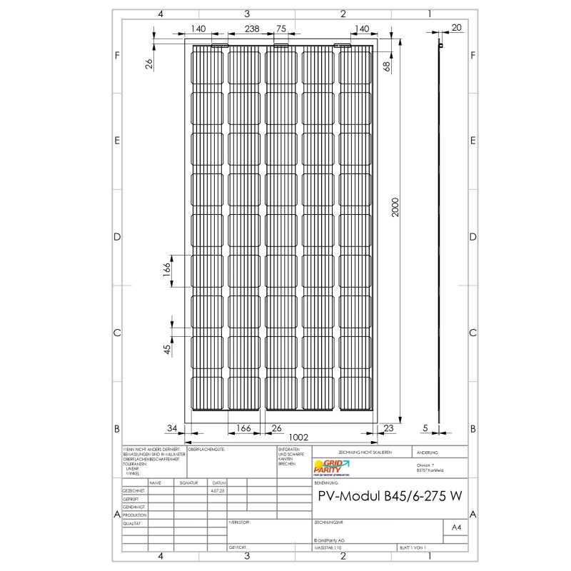 GridParity B45/6 275 Wp Glas PV Modul bifacial 40% Transparenz (2000 mm x 1002 mm x 5mm)