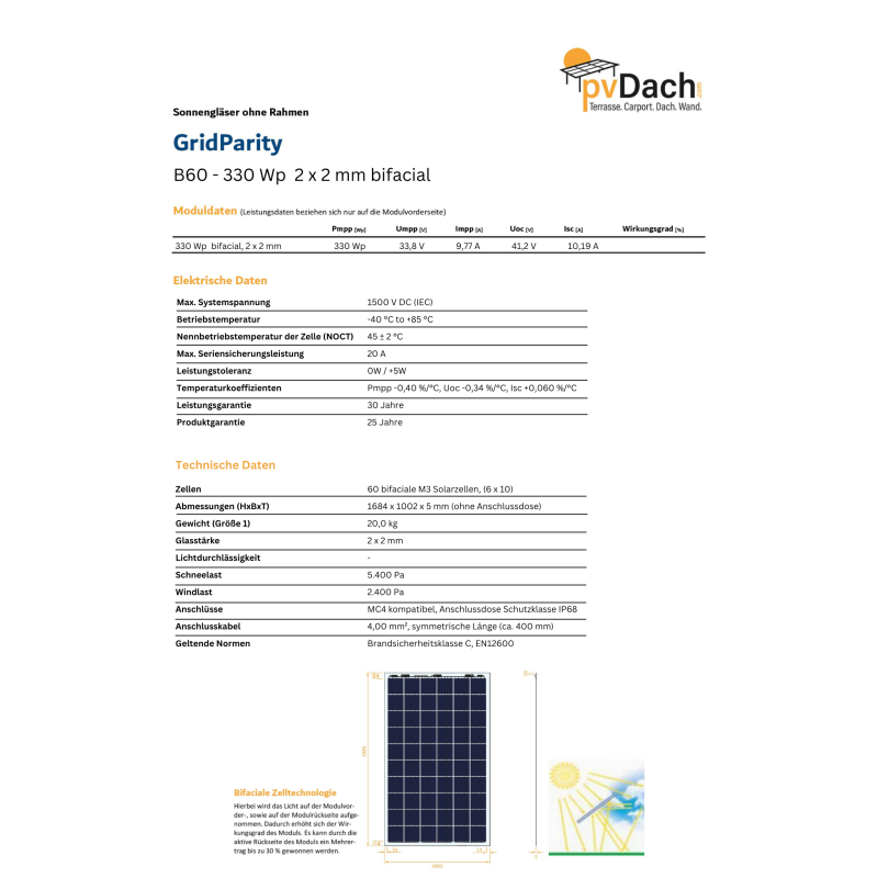 GridParity B60 330 Wp Glas PV Modul bifacial 5% Transparenz (1684 mm x 1002 mm x 5 mm)
