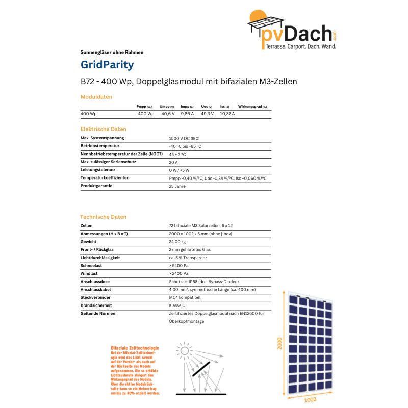 GridParity B72 400 Wp Glas PV Modul bifacial 5% Transparenz (2000 mm x 1002 mm x 5 mm)
