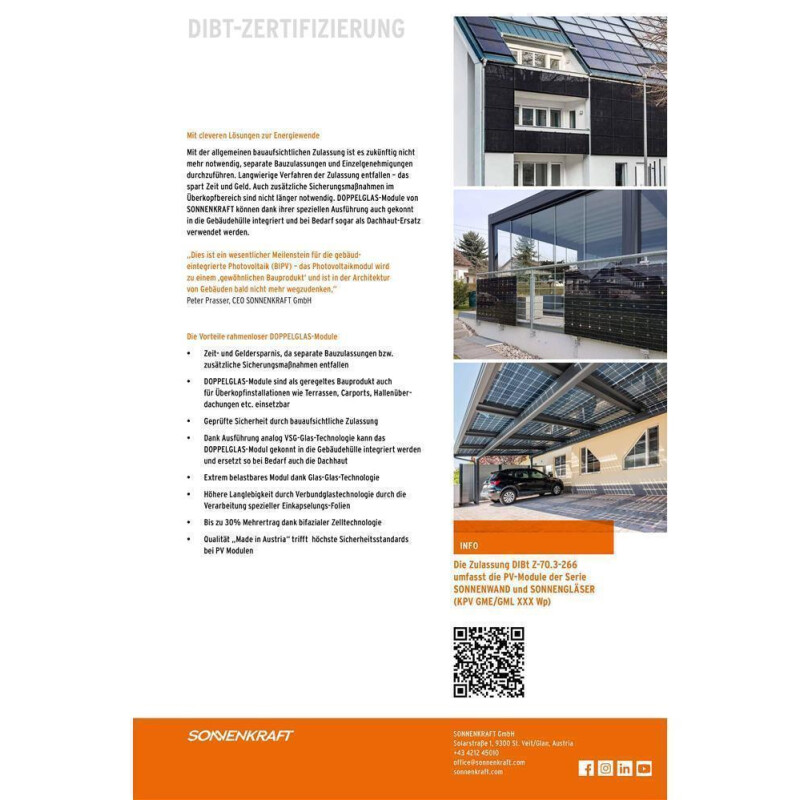 Sonnenkraft Glas60 310 Wp Glas PV Modul bifacial 15% Transparenz (1700 mm x 995 mm x 7 mm)