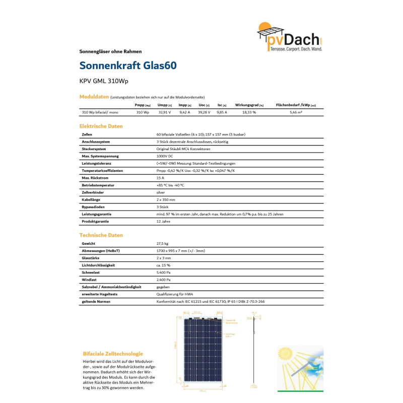 Sonnenkraft Glas60 310 Wp Glas PV Modul bifacial 15% Transparenz (1700 mm x 995 mm x 7 mm)