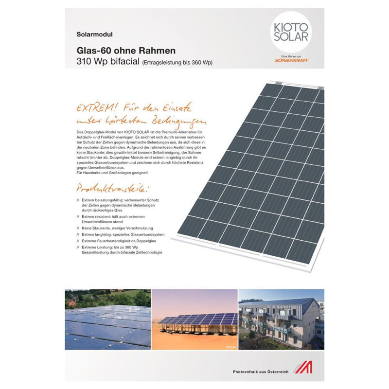 Sonnenkraft Glas60 310 Wp Glas PV Modul bifacial 15% Transparenz (1700 mm x 995 mm x 7 mm)