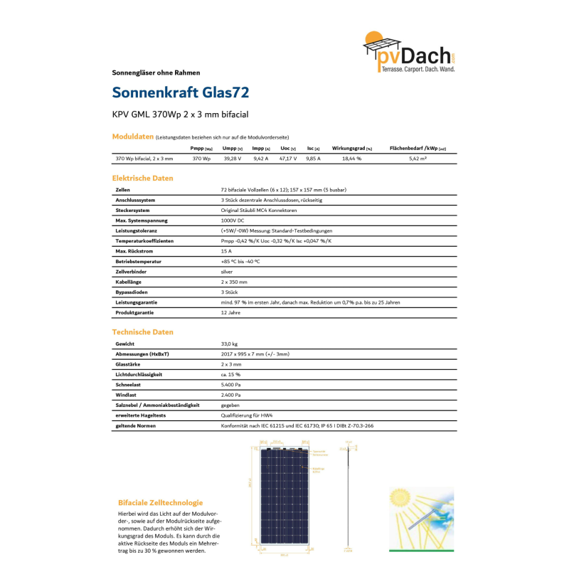 Sonnenkraft Glas72 370 Wp Glas PV Modul bifacial 15% Transparenz (2017 mm x 995 mm x 7 mm)+