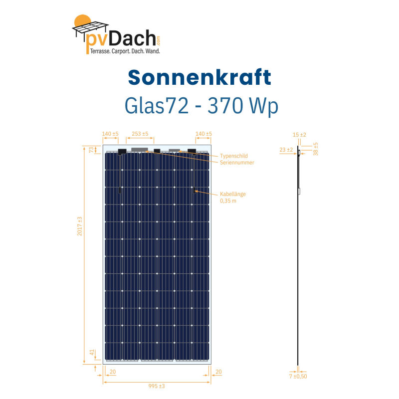 Sonnenkraft Glas72 370 Wp Glas PV Modul bifacial 15% Transparenz (2017 mm x 995 mm x 7 mm)+