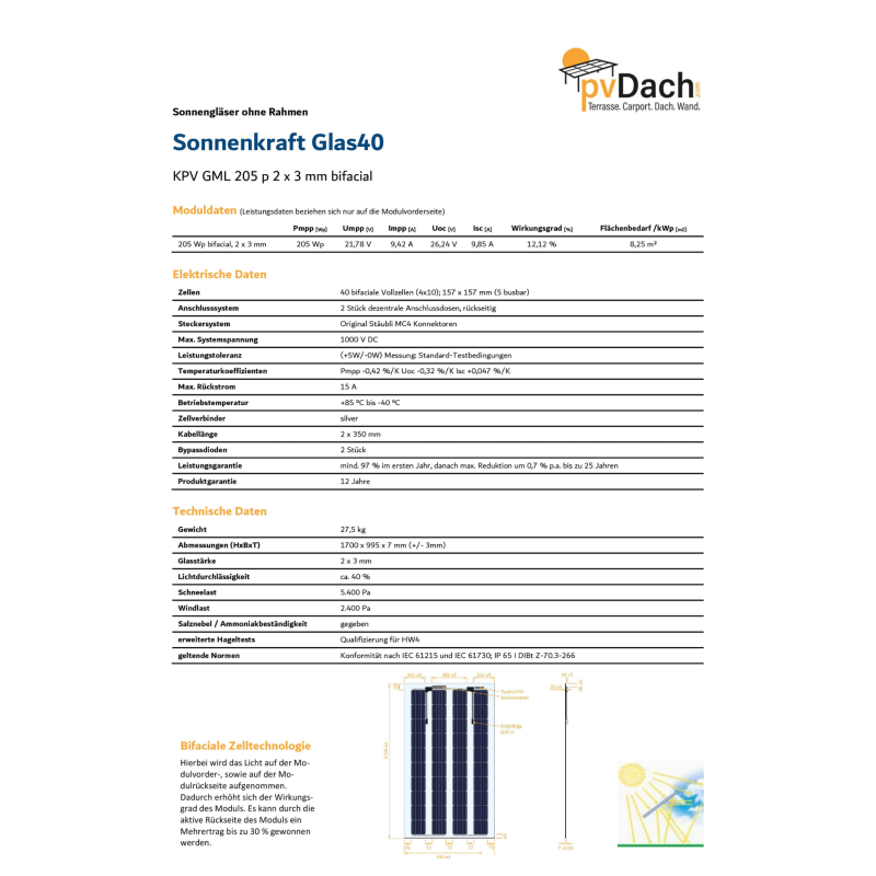 Sonnenkraft Glas40 205 Wp Glas PV Modul bifacial 40% Transparenz (1700 mm x 995 mm x 7 mm)+