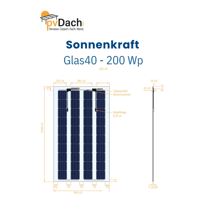 Sonnenkraft Glas40 205 Wp Glas PV Modul bifacial 40% Transparenz (1700 mm x 995 mm x 7 mm)+