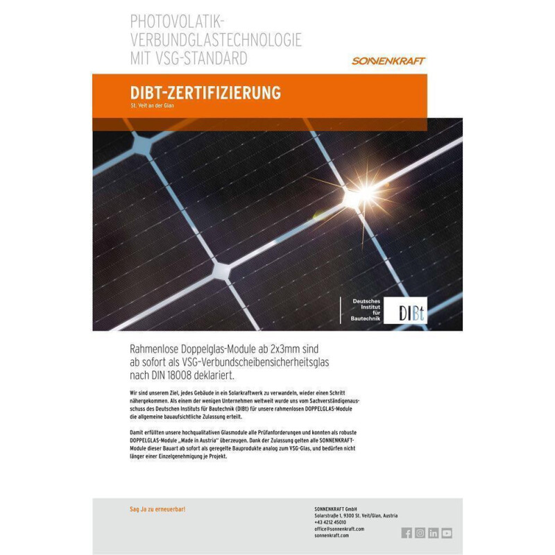 Sonnenkraft Glas40 205 Wp Glas PV Modul bifacial 40% Transparenz (1700 mm x 995 mm x 7 mm)+