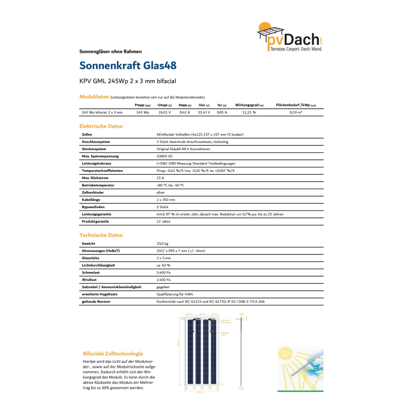 Sonnenkraft Glas48 245 Wp Glas PV Modul bifacial 40% Transparenz (2017 mm x 995 mm x 7 mm)+