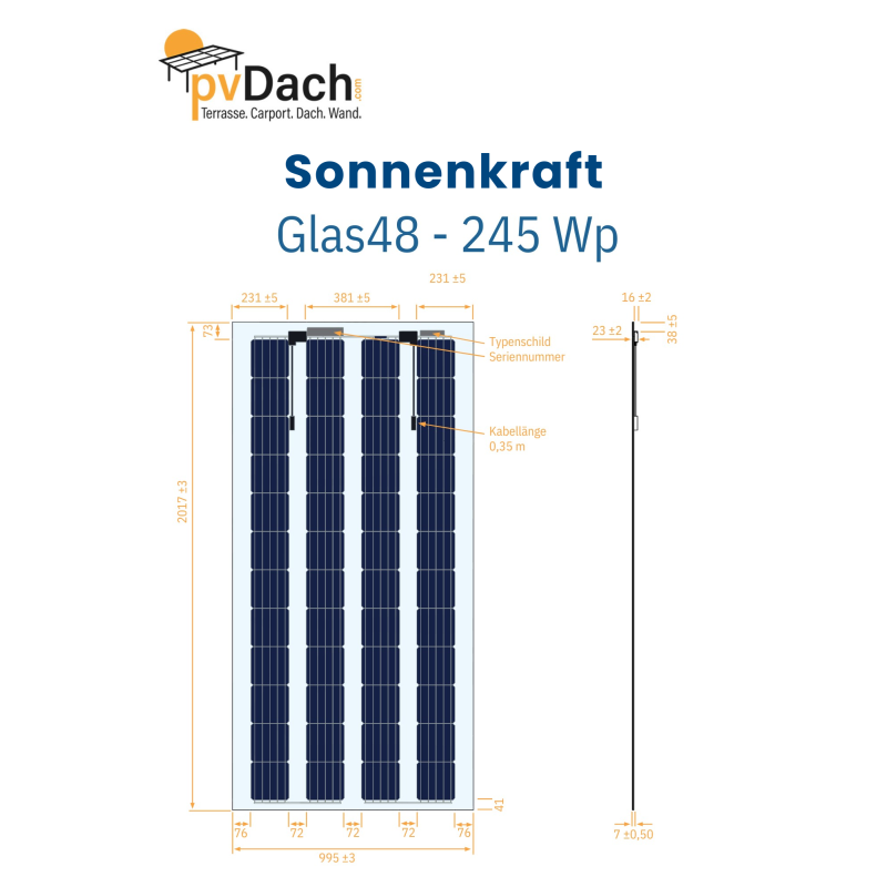 Sonnenkraft Glas48 245 Wp Glas PV Modul bifacial 40% Transparenz (2017 mm x 995 mm x 7 mm)+