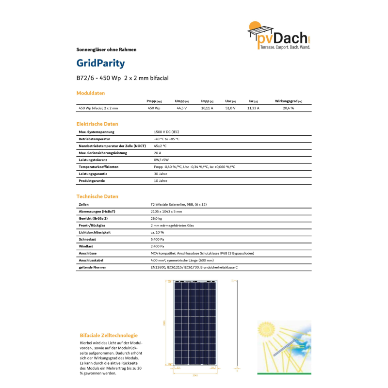 GridParity B72/6 450 Wp Glas PV Modul bifacial 5% Transparenz (2105 mm x 1043 mm x 5 mm)