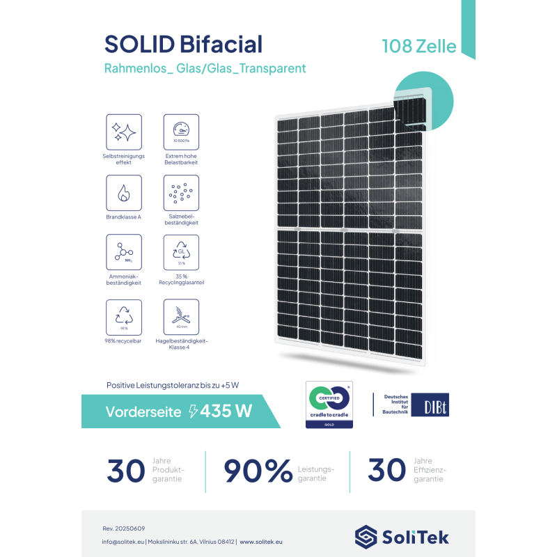 Solitek* SOLID Bifacial B.108 435 Wp, Photovoltaik-Modul, 8% Transparenz (1733 mm x 1143 mm x 7.2 mm)