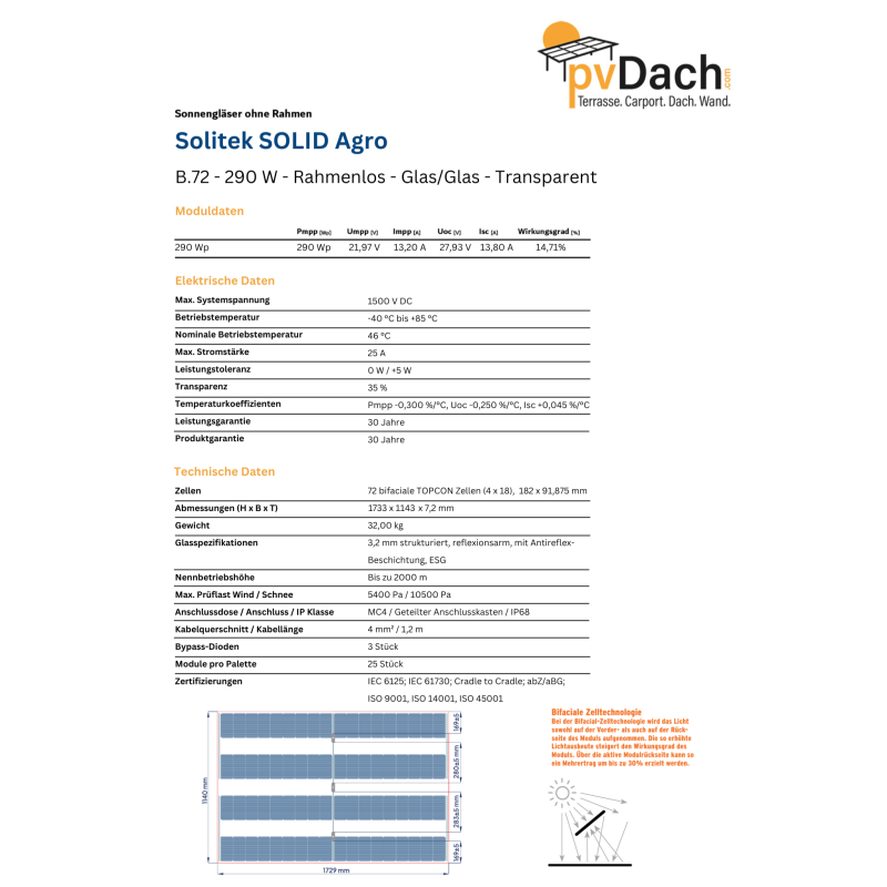 Solitek** SOLID AGRO B.72, 290 Wp, Photovoltaik-Modul, 40% Transparenz (1733 mm x 1143 mm x 7.2 mm)