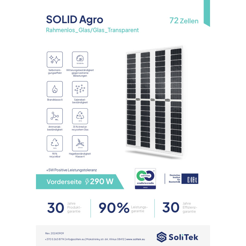 Solitek** SOLID AGRO B.72, 290 Wp, Photovoltaik-Modul, 40% Transparenz (1733 mm x 1143 mm x 7.2 mm)
