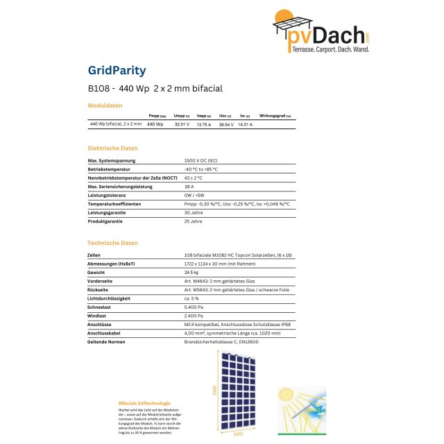 GridParity B108 440 Wp PV RAHMENMODUL Doppelglas bifacial schwarzer Rahmen 5% Transparenz (1722 mm x 1134 mm x 30 mm)