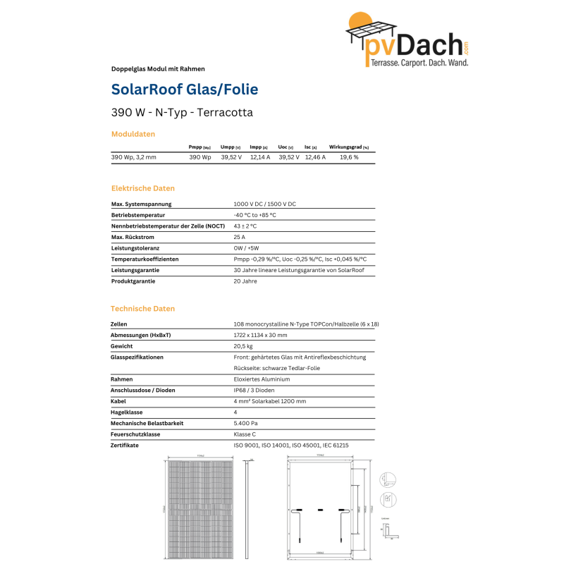 SolarRoof Glas/Folie N-Typ 390 W TERRACOTTA PV RAHMENMODUL  (1722 mm x 1134 mm x 30 mm)