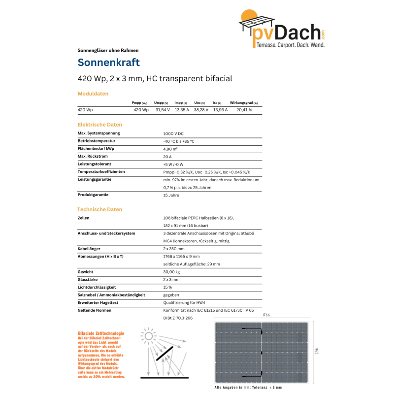 Sonnenkraft 420 Wp HC Glas PV Modul bifacial 15% Transparenz (1766 mm x 1165 mm x 9 mm)