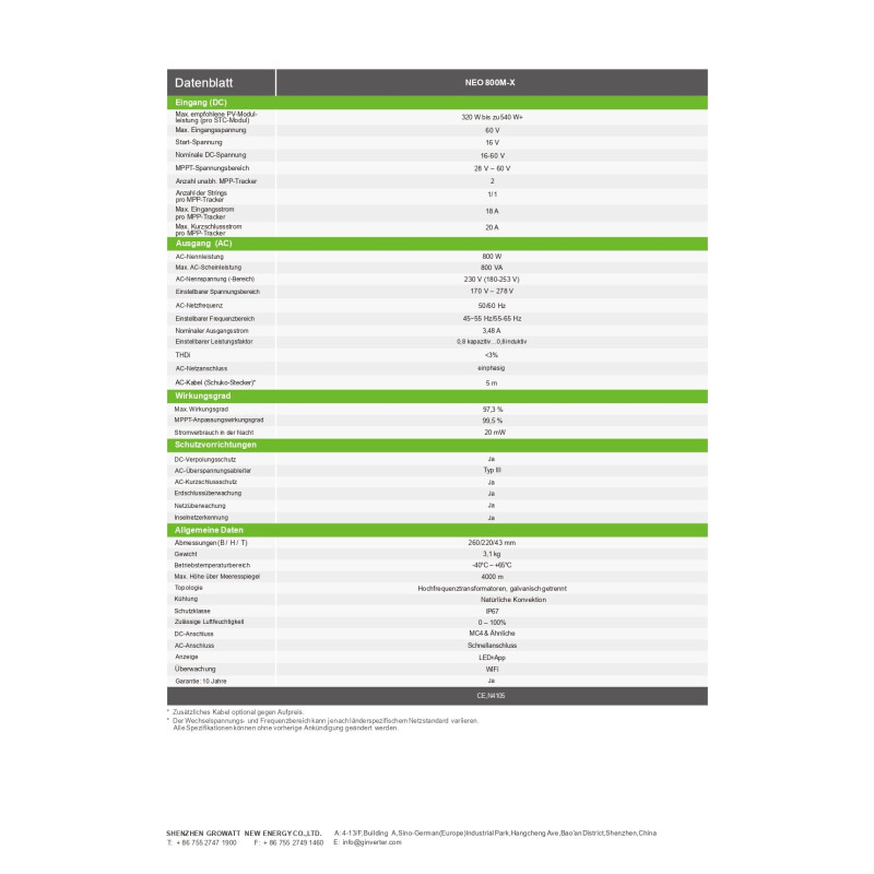 Growatt NEO 800M-X Mikrowechselrichter inkl. WiFi
