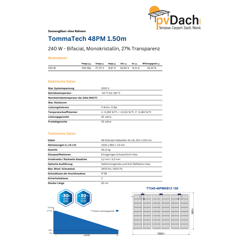 TommaTech 240 Wp 48PM G2G Terrassen-Solarmodul bifacial 27% Transparenz (1500 mm x 980 mm x 7.6 mm)