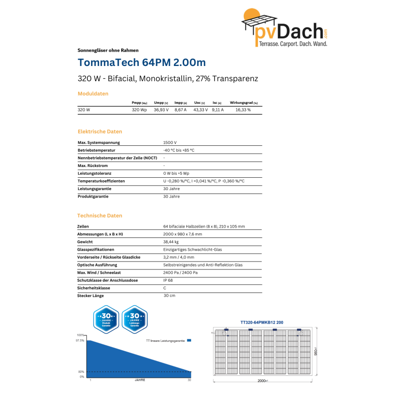 TommaTech 320 Wp 64PM G2G Terrassen-Solarmodul bifacial 27% Transparenz (2000 mm x 980 mm x 7.6 mm)
