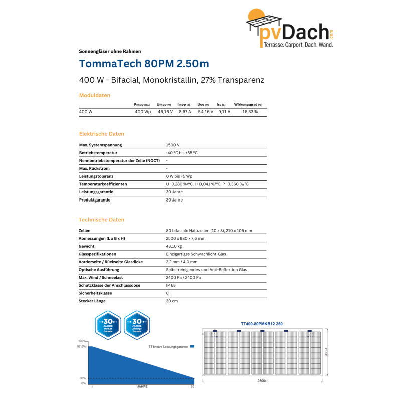TommaTech 400 Wp 80PM G2G Terrassen-Solarmodul bifacial 27% Transparenz (2500 mm x 980 mm x 7.6 mm)
