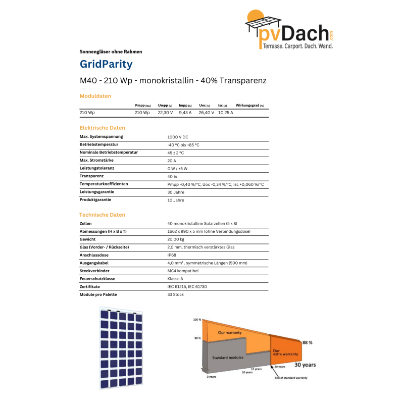 GridParity M40 210 Wp Glass PV Module 40% Transparency (1662 mm x 990 mm x 5 mm)