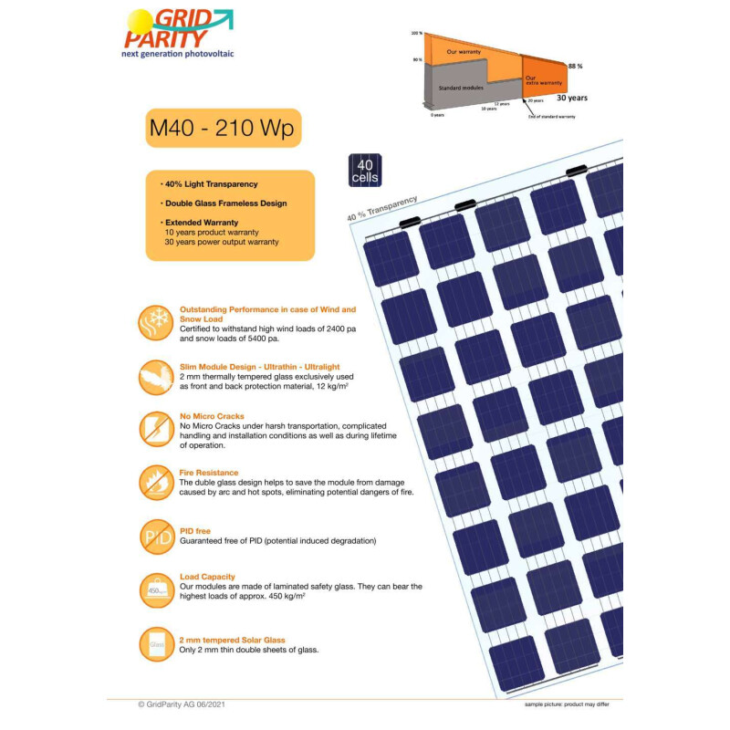 GridParity M40 210 Wp Glass PV Module 40% Transparency (1662 mm x 990 mm x 5 mm)