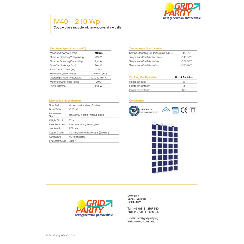 GridParity M40 210 Wp Glass PV Module 40% Transparency (1662 mm x 990 mm x 5 mm)