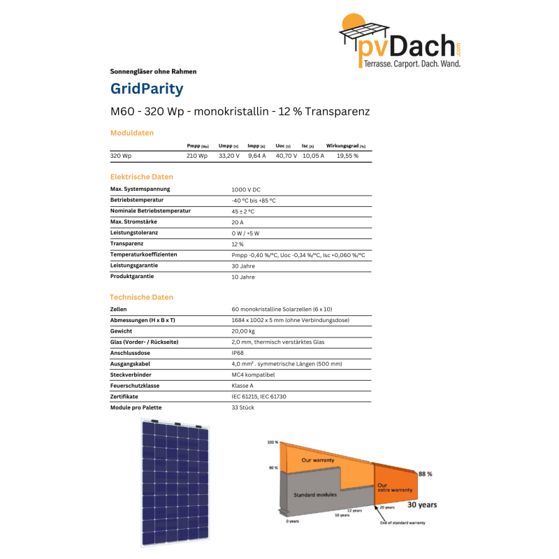 GridParity M60 320 Wp Glass PV Module 12% Transparency (1684 mm x 1002 mm x 5 mm)