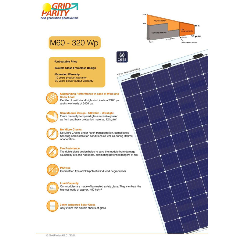GridParity M60 320 Wp Glass PV Module 12% Transparency (1684 mm x 1002 mm x 5 mm)