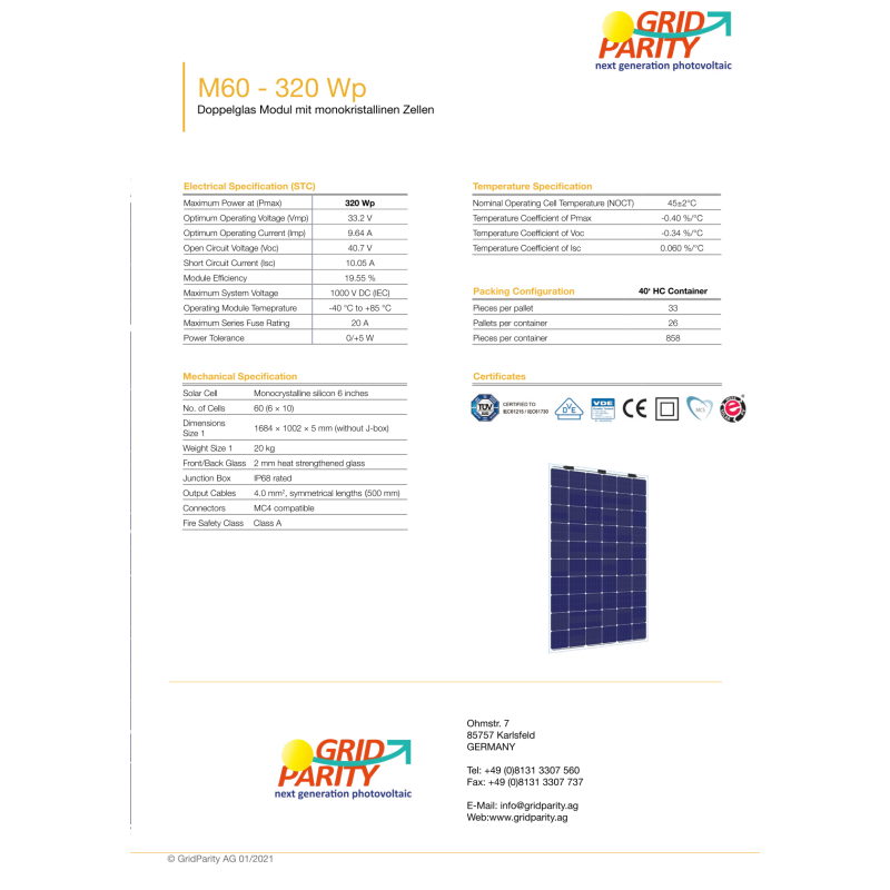 GridParity M60 320 Wp Glass PV Module 12% Transparency (1684 mm x 1002 mm x 5 mm)