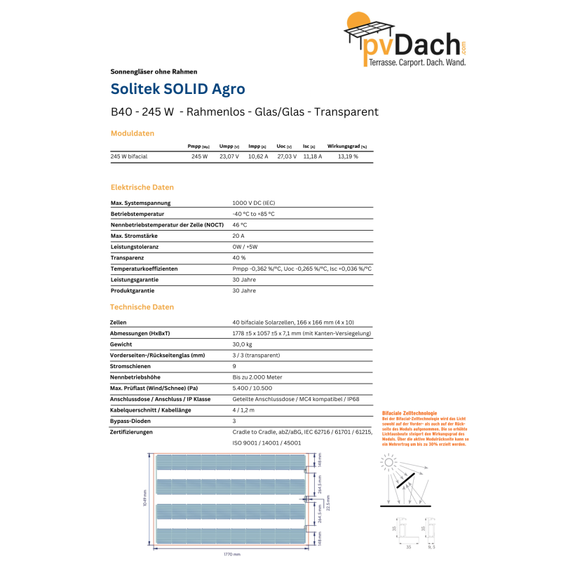 Solitek SOLID Agro Bifacial B.40 245 Wp, Photovoltaik-Modul, 40% Transparenz (1778 mm x 1027 mm x 7.1 mm)