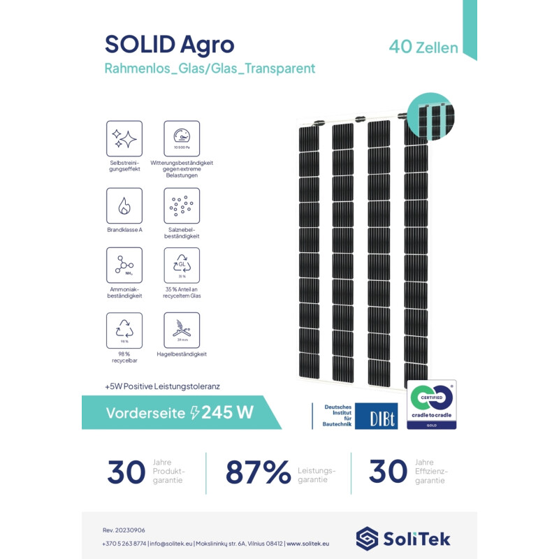 Solitek SOLID Agro Bifacial B.40 245 Wp, Photovoltaik-Modul, 40% Transparenz (1778 mm x 1027 mm x 7.1 mm)