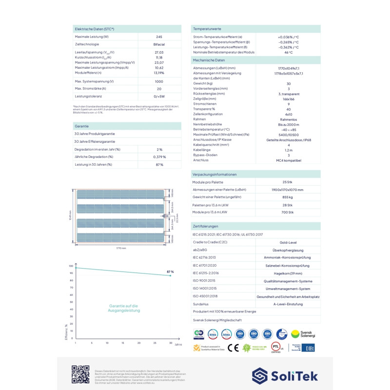 Solitek SOLID Agro Bifacial B.40 245 Wp, Photovoltaik-Modul, 40% Transparenz (1778 mm x 1027 mm x 7.1 mm)
