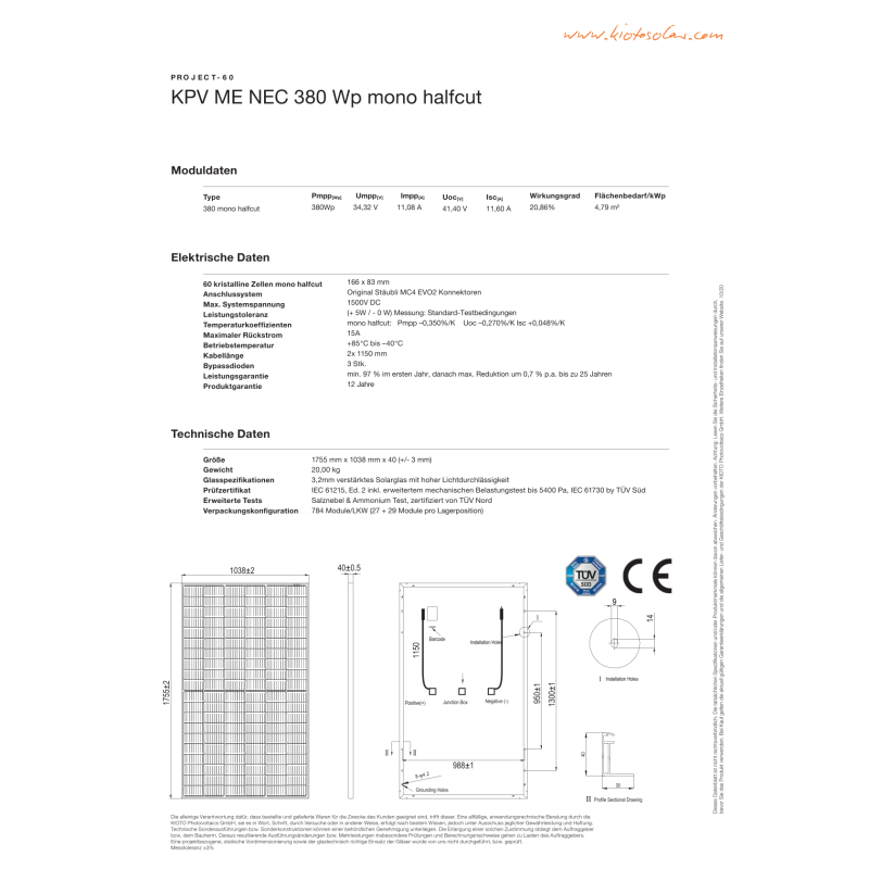 Sonnenkraft KPV 380 Wp PV FRAMEMODULE dubbelglas zwart frame (1755 mm x 1038 mm x 40 mm)