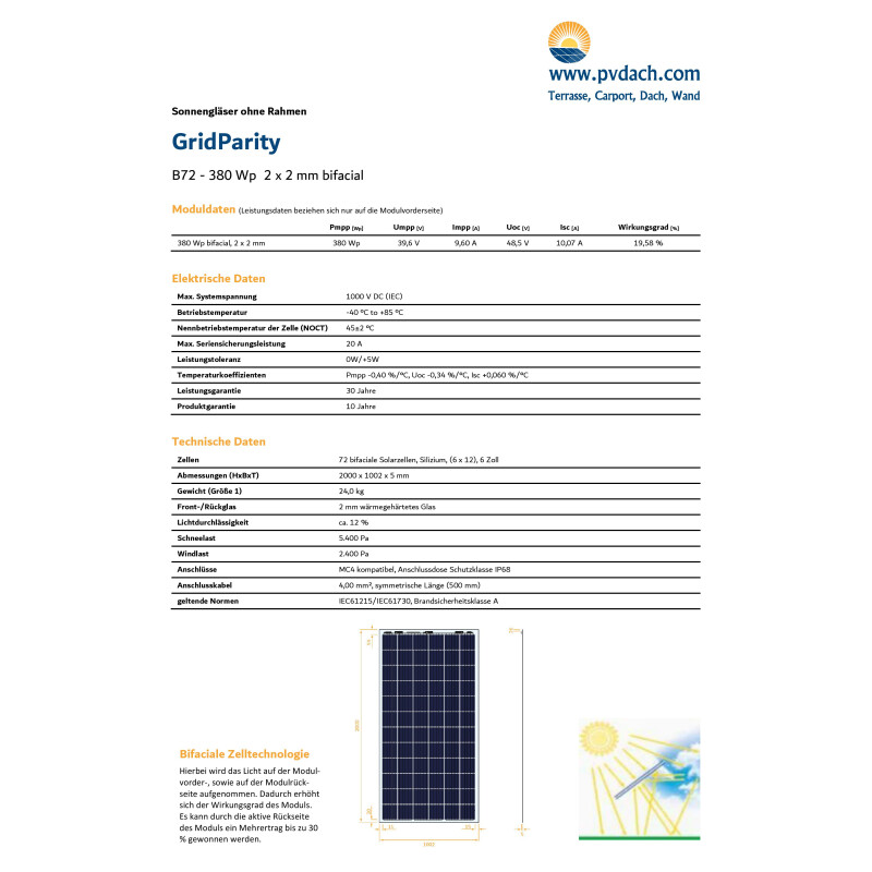 GridParity B72 380 Wp Módulo fotovoltaico de vidrio bifacial 12% de transparencia (2000 mm x 1002 mm x 5 mm)