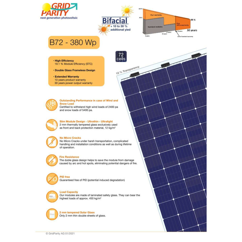 GridParity B72 380 Wp Módulo fotovoltaico de vidrio bifacial 12% de transparencia (2000 mm x 1002 mm x 5 mm)