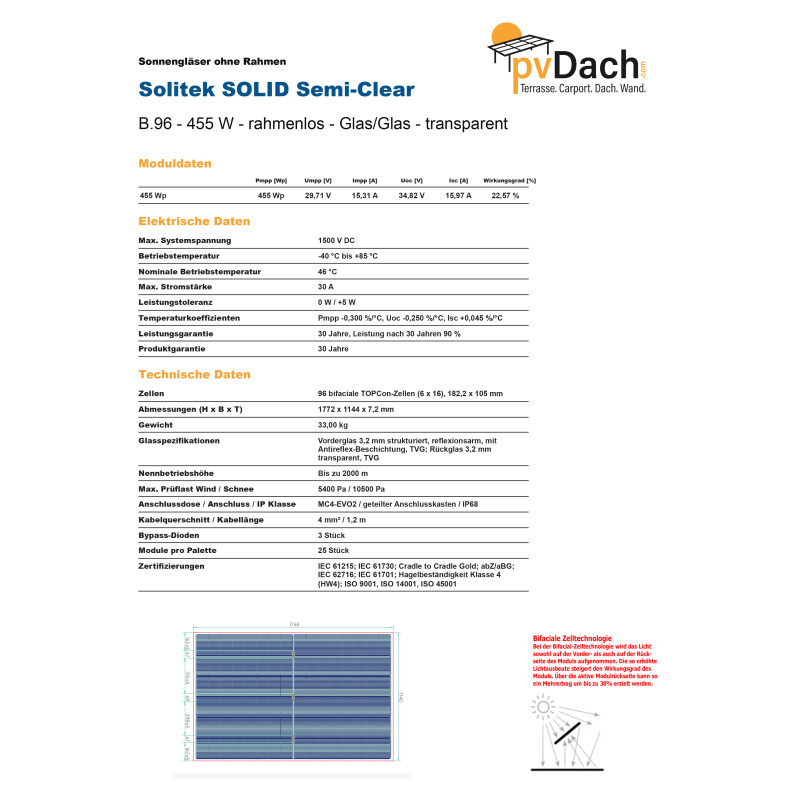 Solitek SOLID Semi-Clear B.96 455 Wp, Photovoltaik-Modul bifacial, 8% Transparenz (1772 mm x 1144 mm x 7,2 mm)