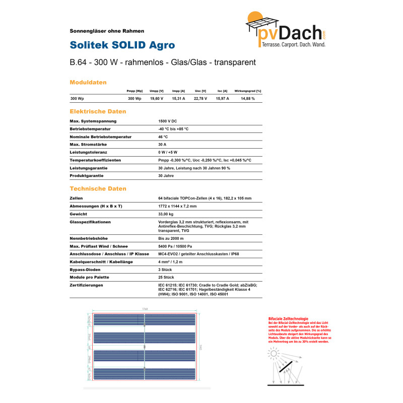 Solitek SOLID AGRO B.64 300 Wp, Photovoltaik-Modul, bifacial, 40% Transparenz (1772 mm x 1144 mm x 7,2 mm)
