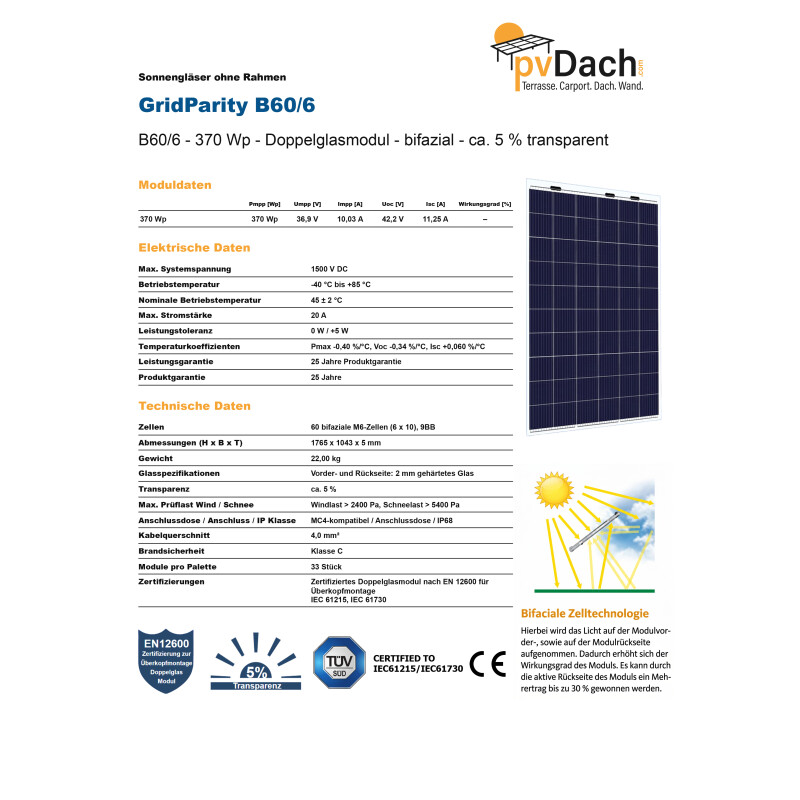 GridParity B60/6 370 Wp Glas PV Modul bifacial 5% Transparenz (1765 mm × 1043 mm × 5 mm)