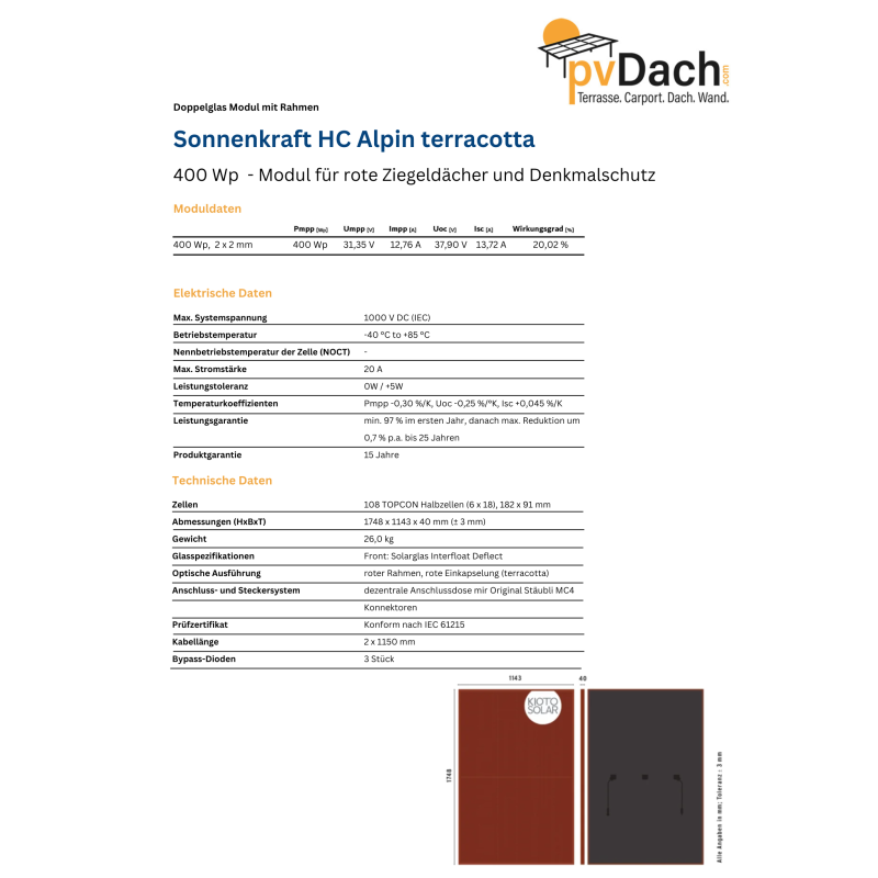 Sonnenkraft 400 Wp HC Alpin TERRACOTTA PV RAHMENMODUL Doppelglas 2x2mm terracotta Rahmen  (1748 mm x 1143 mm x 40 mm) #1