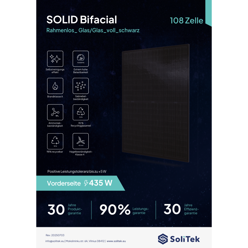 Solitek SOLID Bifacial B.108 435 Wp, modulo fotovoltaico, full black (1729 mm x 1140 mm x 7.2 mm)