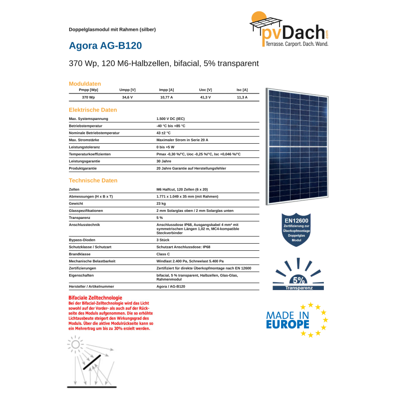 Agora AG-B120 365 Wp Rahmenmodul, Glas/Glas, bifacial, silberner Rahmen, 5% Transparenz (1771 mm x 1049 mm x 35 mm)