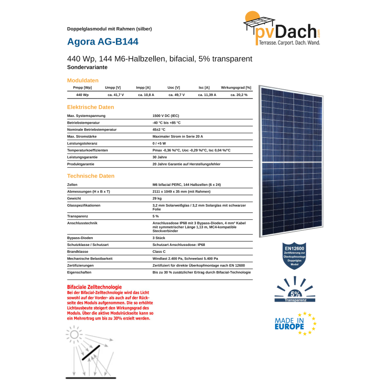 Agora AG-B144 440 Wp Rahmenmodul, Glas/Glas, bifacial, silberner Rahmen (2111 mm x 1049 mm x 35mm)