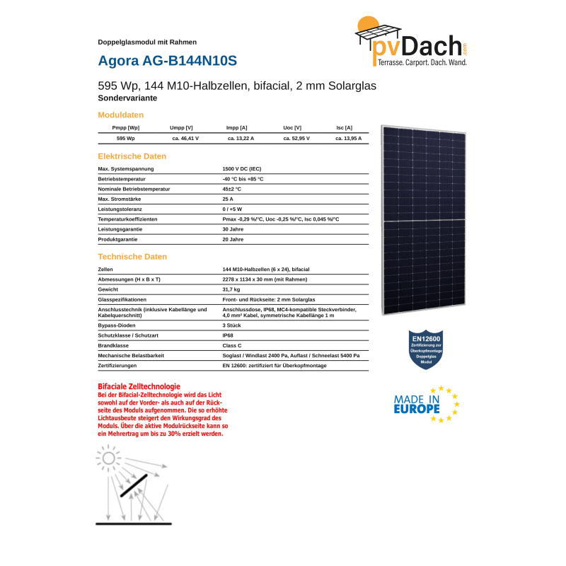 Agora AG-B144N10S 595 Wp Rahmenmodul, Glas/Glas, bifacial, silberner Rahmen (2278 mm x 1134 mm x 30 mm)